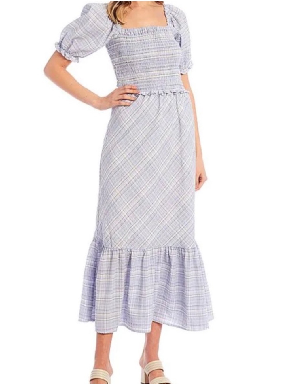 GB Gianni Bini Smocked Puff-Sleeve Midi Dress in Light Blue Plaid